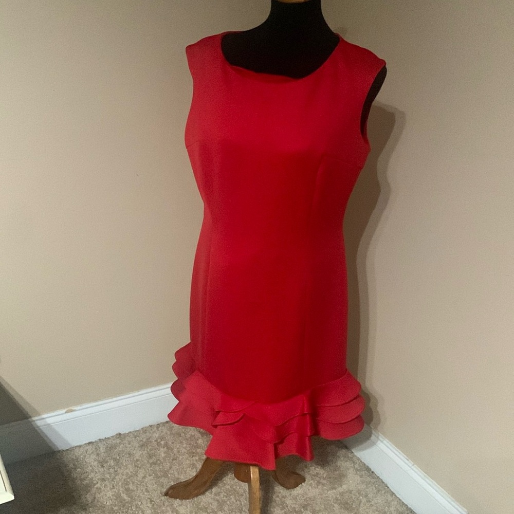 Donna Ricco Bright Red Sleeveless Ruffle-Hem Midi Dress